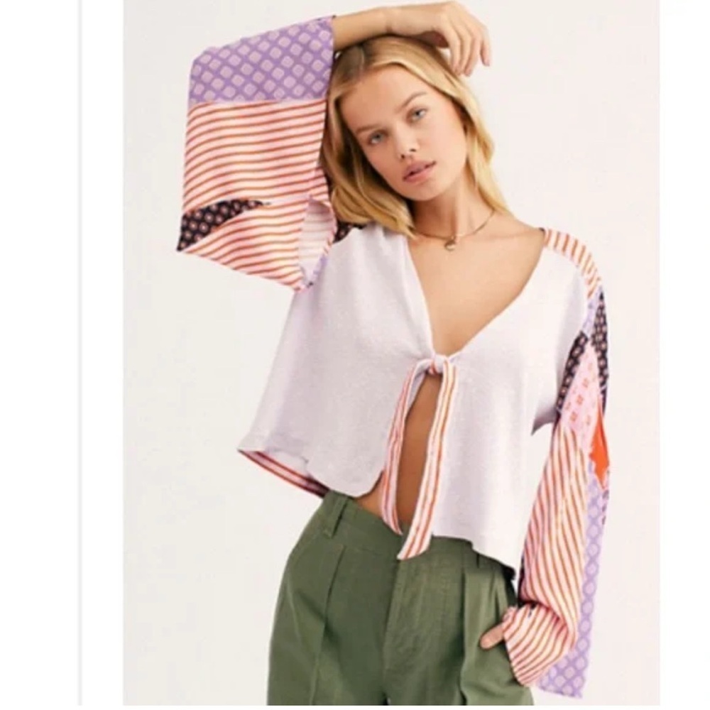 Free People Pajama Party Boho Tie Front Patchwork Patterned Sleeves Small - Picture 2 of 5